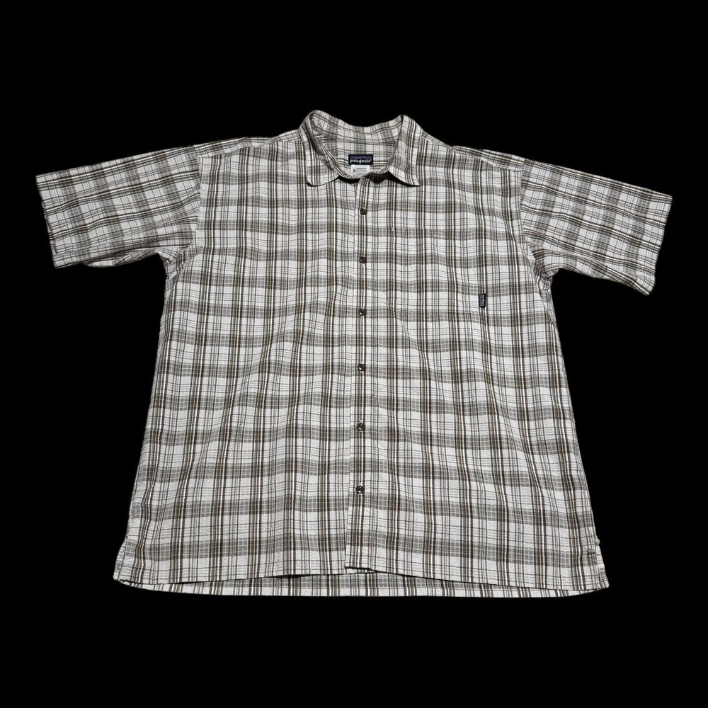 Patagonia Polyester Cotton Blend Plaid Casual Button Up Shirt Mens XL Seersucker